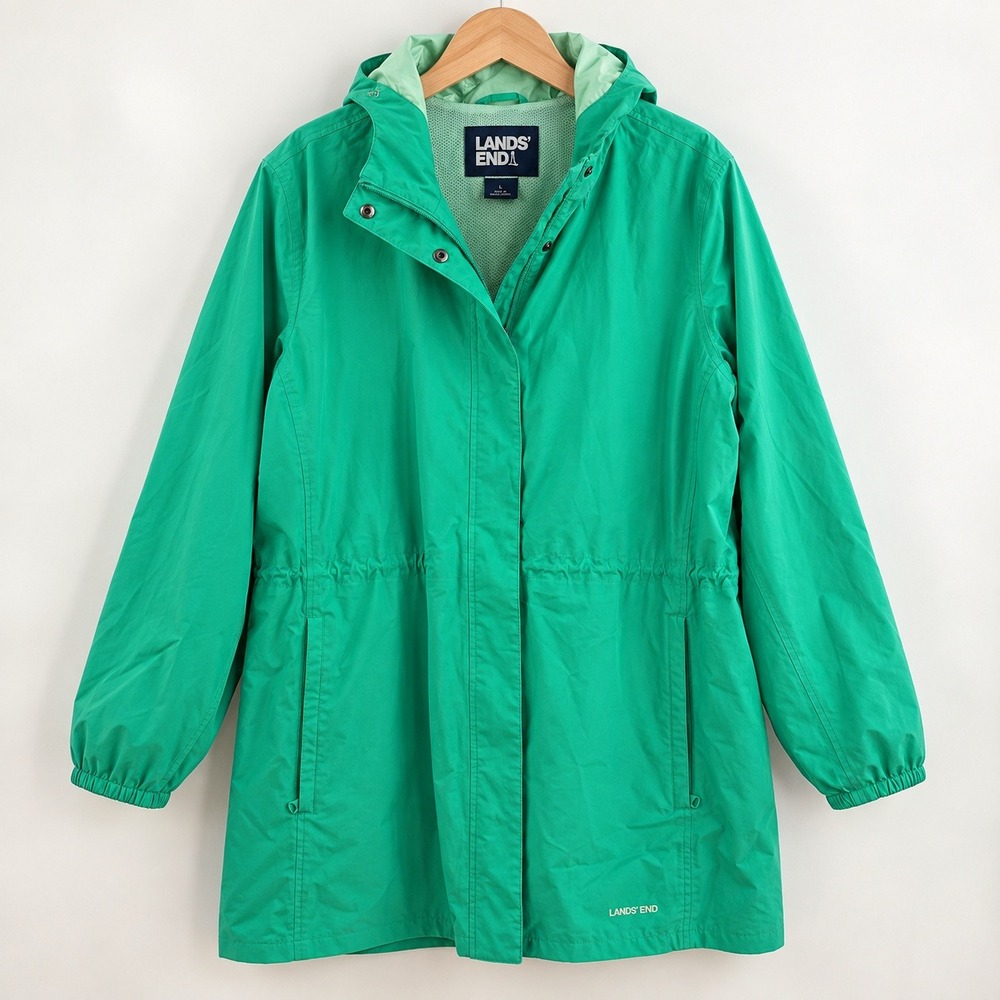 Lands End Gorpcore Rain Jacket Women 3X Kelly Green Hooded Utility Windbreaker